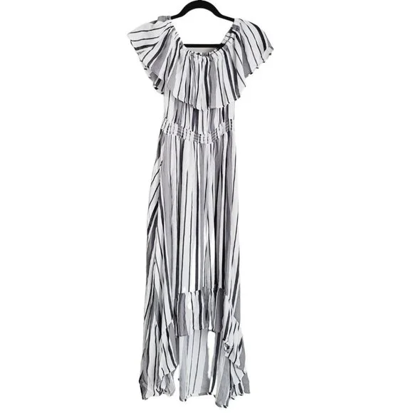SOLD ! New Look Gray Striped Off Shoulder Casual Maxi Dress Size Small GUC - Picture 3 of 15